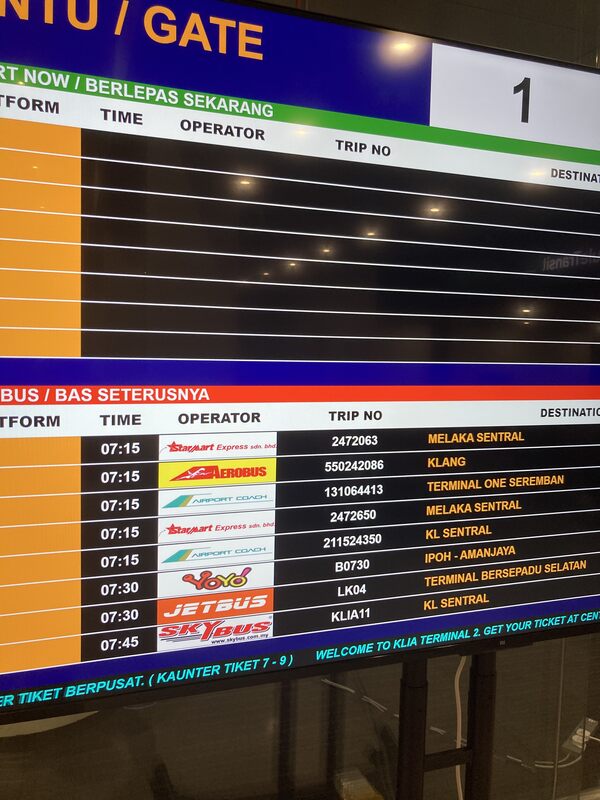 吉隆坡Klia2機場出發至KL Sentral
SKYBUS Schedule